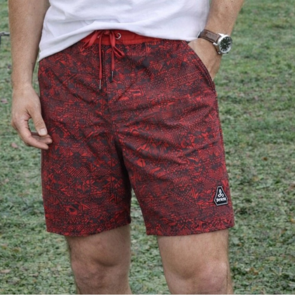 -Prana Board Shorts/ Swim Trunks Red w/Black Tribal/Geo Utility Pocket Men's 38
